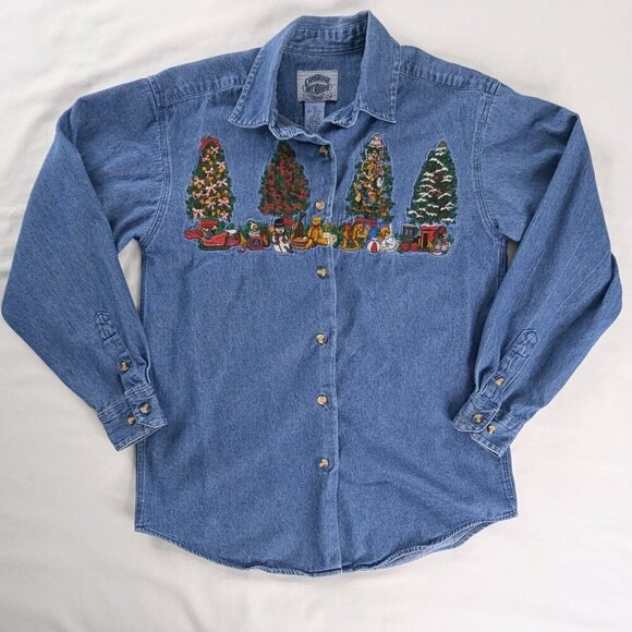 VTG Christmas Tree Embroidered Button Up Long Sleeve Denim Shirt - Picture 1 of 6